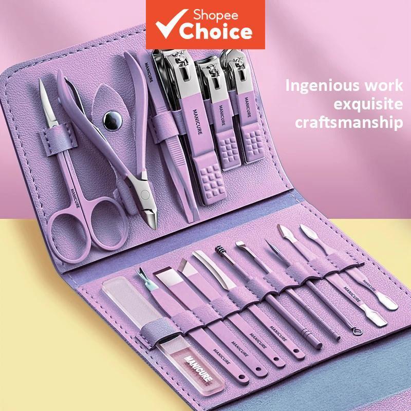 Conjunto Profissional de Manicure 16 peças, kit completo de aço inoxidável com pedicure e estojo portátil de couro,