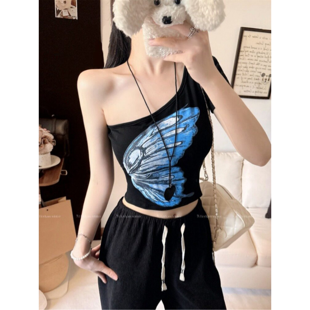Design Sense Oblíquo Ombro Borboleta Impressão Camiseta Curta 2026 Verão Novo Estilo com Almofada no Peito Manga Curta S
