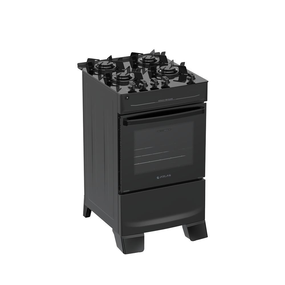 Fogão de Piso 4 Bocas Gás Atlas Mônaco Top Glass Mesa Vidro Temperado Automático Preto Bivolt