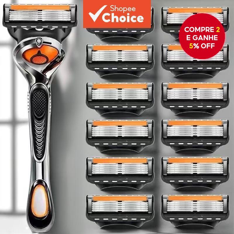 Barbeador Manual de Aço Inoxidável de 5 Camadas de Alta Qualidade com 4 Cabeças de Lâmina Substituíveis, Cabo Universal