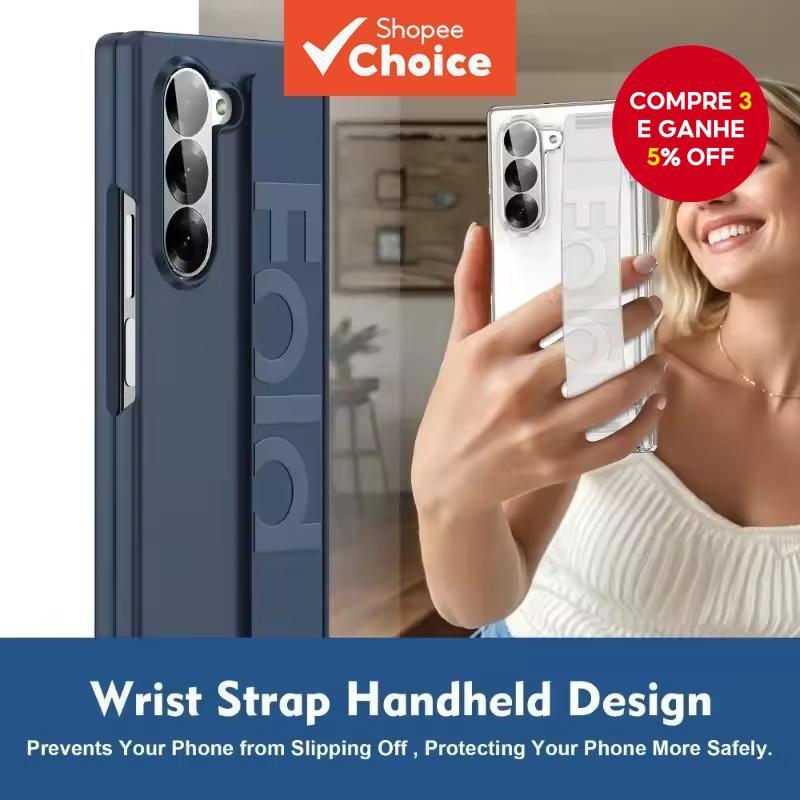 Capa rígida com pulseira para Samsung Galaxy Z Fold 7 6 5, com dobradiça rígida, pulseira, película de tela e proteção