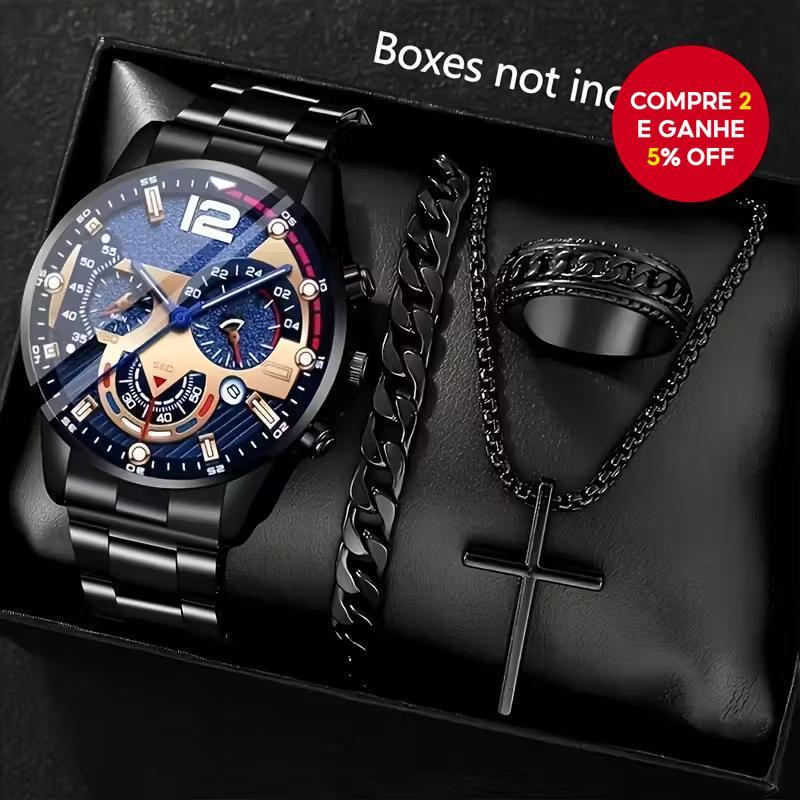 Moda De Luxo Negócios Relógio Quartzo Calendário Função Banda Aço Inoxidável Conjunto Jóias Masculino 4 Pçs Sem Caixa