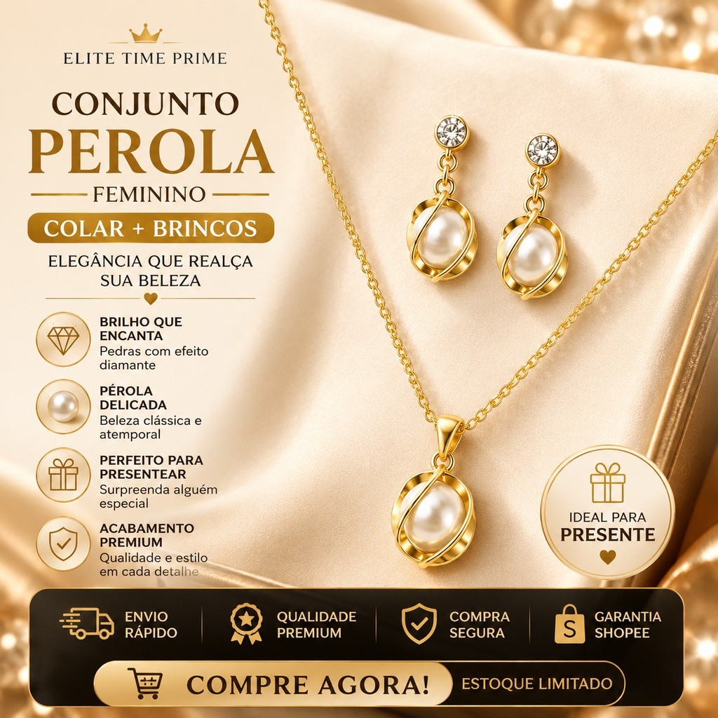 Conjunto Colar e Brinco com Pingente de Pérola Feminino Folheado Luxo Presente