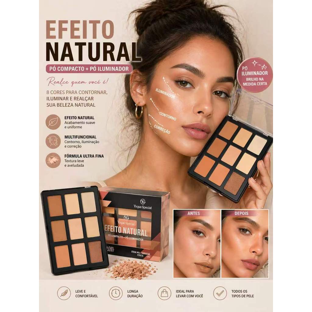Paleta Facial 9 Cores Pó Compacto, Contorno e Iluminador – Efeito Natural, Longa Duração