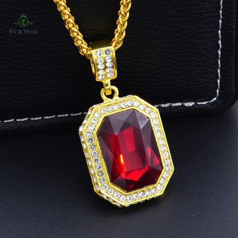 EA & Moda Incrustado Diamante Quadrado Rubi Nelace Hip Hop Pingente Masculino Pedra Vermelha Vintage Jóias Acessórios De