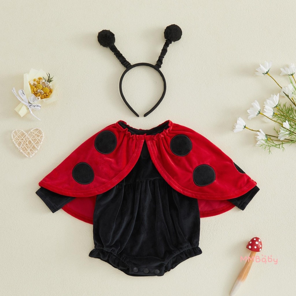 Mbaby-Baby Ladybug Costume Macacão De Manga Comprida Com Capa Bordada De Bolinhas + Faixa De Cabeça Conjunto De 2 Peças
