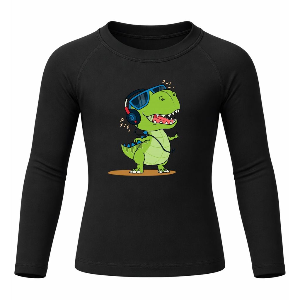 Camiseta Térmica Dinossauro Verde De Óculos Dançando Juvenil Infantil Proteção Solar Uv 50+ Estampada Camisa Menino