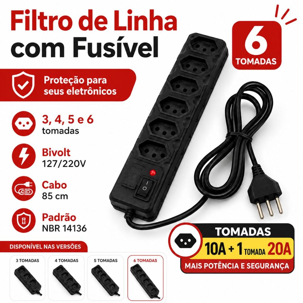 RÉGUA DE TOMADAS FILTRO DE LINHA TRIPOLAR COM FUSIVEL 10/20 AMPERES - 3, 4, 5 E 6 TOMADAS