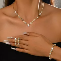 Conjunto 3 Peças Joias Zircônia Colar Brinco Pulseira Elegante Para Noivas