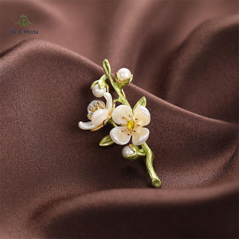 EA & Moda Vintage Temperamento Verde Jasmim Broche Para Mulheres Planta Flor Pérola Corsage Anti-Exposição Pino Acessóri