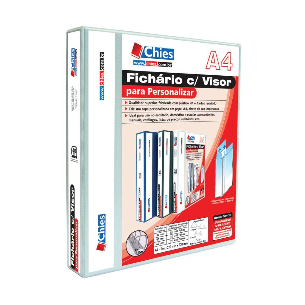 Fichário revestido com cristal A4 Branco 40mm 1711 com 2 argolas Chies