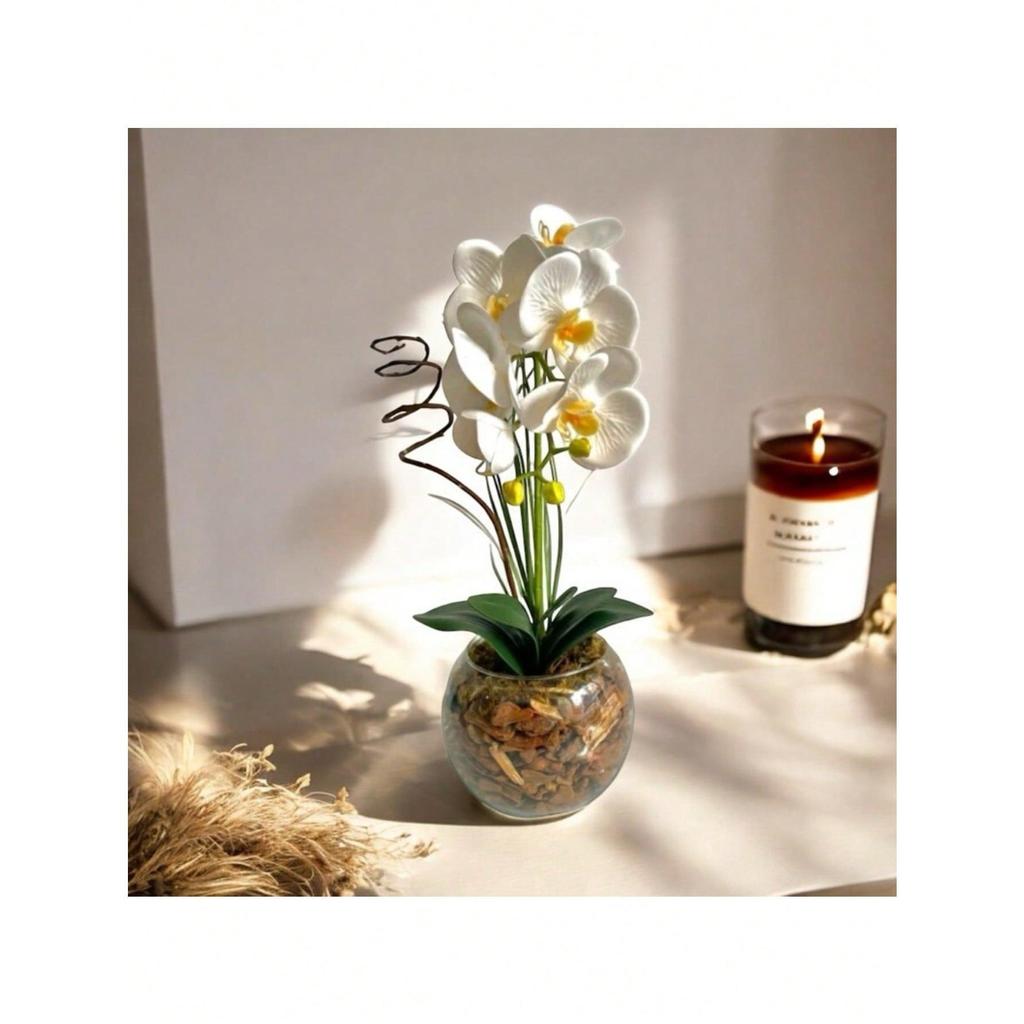 Arranjo Completo Flor Orquídea Artificial Silicone 3D com Vaso de Vidro para Enfeite de Mesa Sala - Vaso Decorativo.