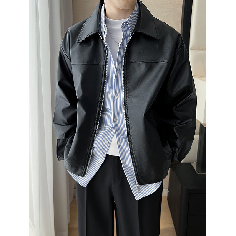Jaqueta Masculina De Couro PU Americano , streetwear , Lapela Curta , casual , Primavera , Outono , Com Zíper Duplo .
