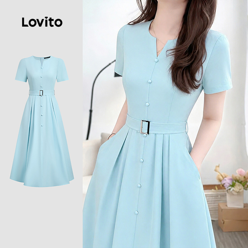 Lovito Vestido Casual Azul para Mulheres com Botão Frontal Cinto e Zíper para primavera/verão LK5ED504