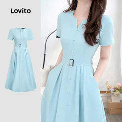 Lovito Vestido Casual Azul para Mulheres com Botão Frontal Cinto e Zíper para primavera/verão LK5ED504