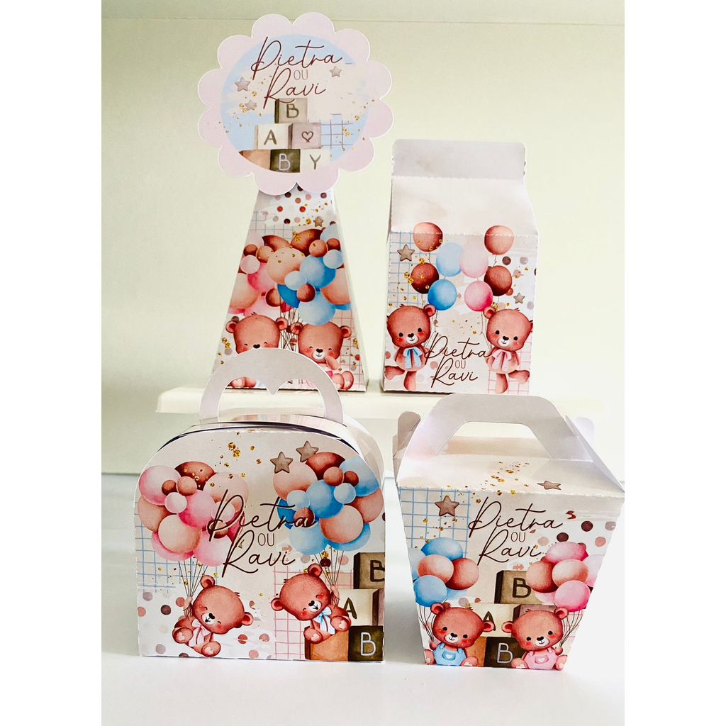 Kit Caixinhas Papelaria Personalizada Chá Revelação Lembrancinha Festa Infantil DESMONTADO