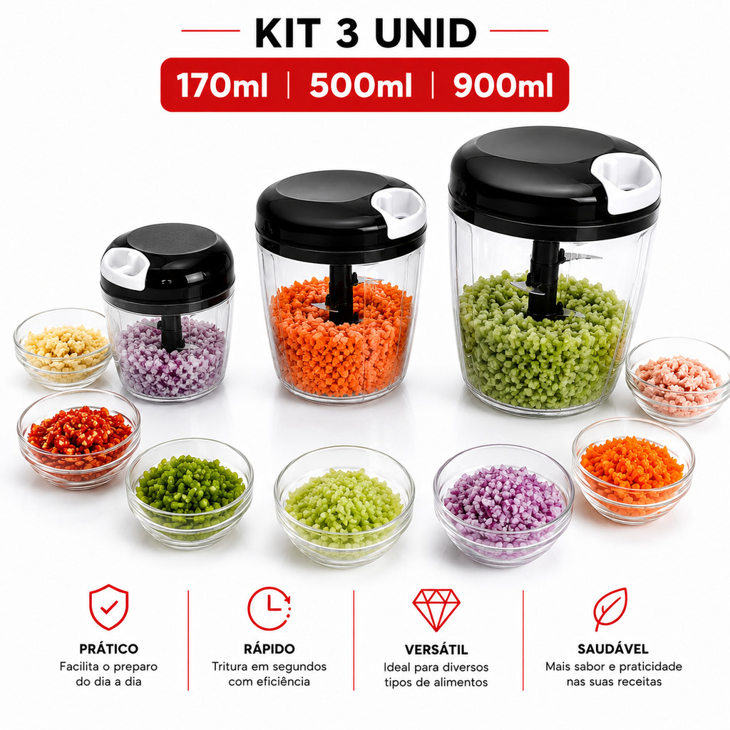 Detalhes do KIT 3 Processador de alimentos 170ML/500ML/900ML manual 5 Lâminas aço Inox Triturador de alho