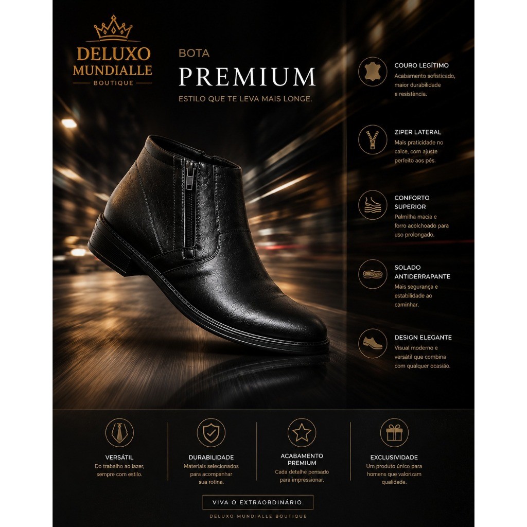 Bota Masculina Casual Elegante Cano Curto com Zíper Lateral Solado Antiderrapante Conforto Premium