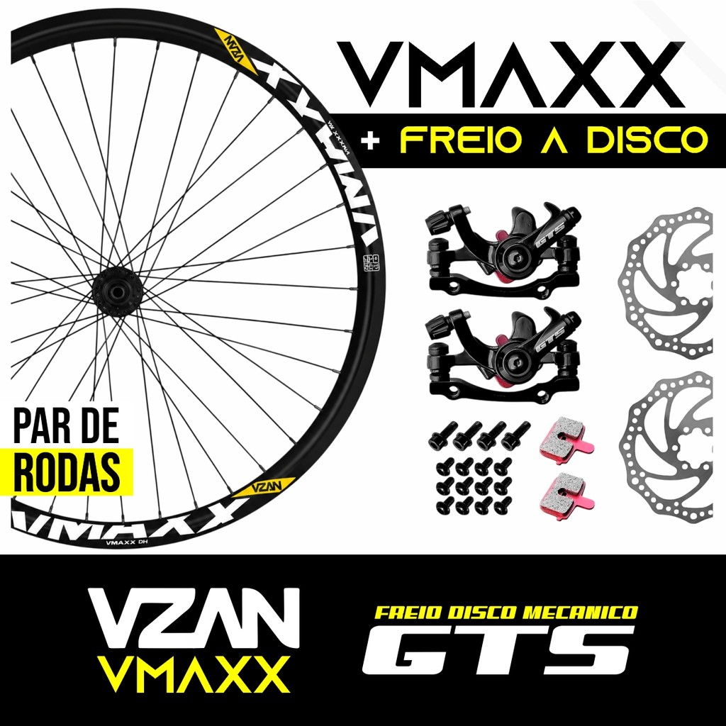 Kit Par de Roda Montada Bicicleta 26 x 1.9 Aro Vmax Vzan + Freio a Disco Mecânico Completo GTS