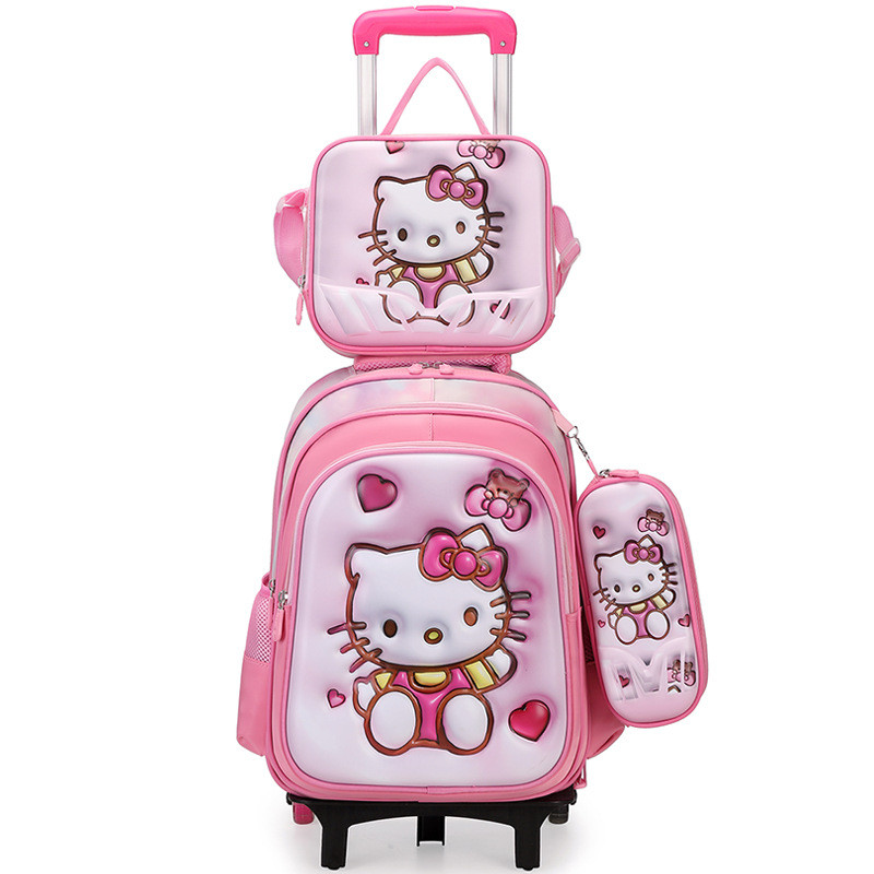 KT Cat Alunos do Ensino Fundamental Carrinho Bolsa Escolar 3D Bump Couro À Prova D 'Água Lancheira Bolsa Caneta Estojo C