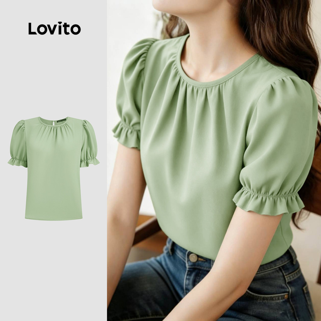 Lovito Blusa Elegante Plissada Primavera/verão Verde para Mulheres LK6ED281