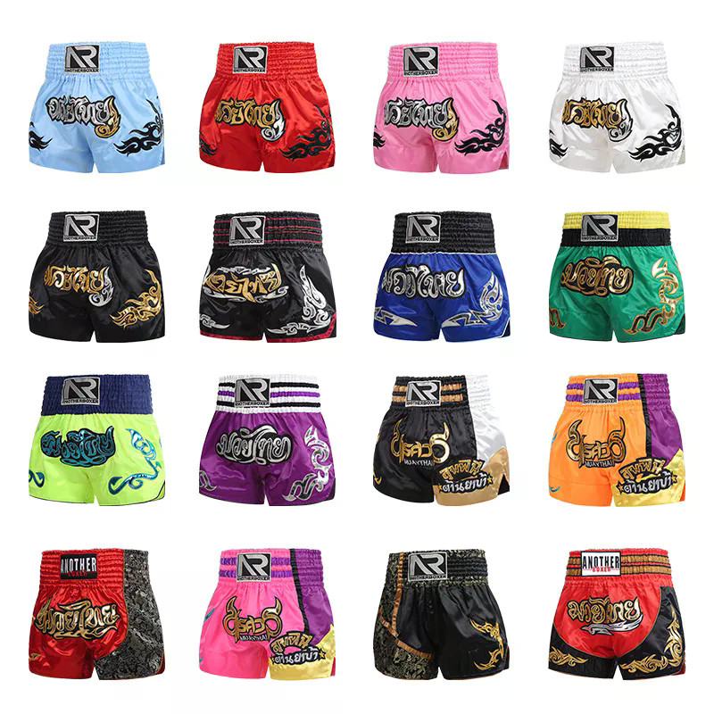 Homens Mulheres Crianças Adultos Muay Thai Shorts Kickboxing Treinamento Profissional De Couro Dourado Bordado Alta Qual
