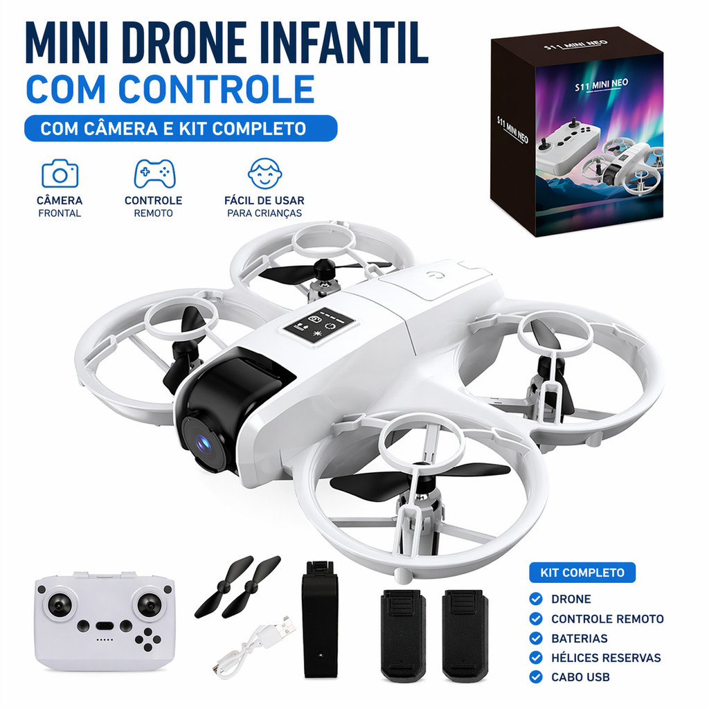 Drone Infantil FPV com Câmera e Fotografia Aérea Mini Quadcopter de Controle Remoto Recarregável com Proteção