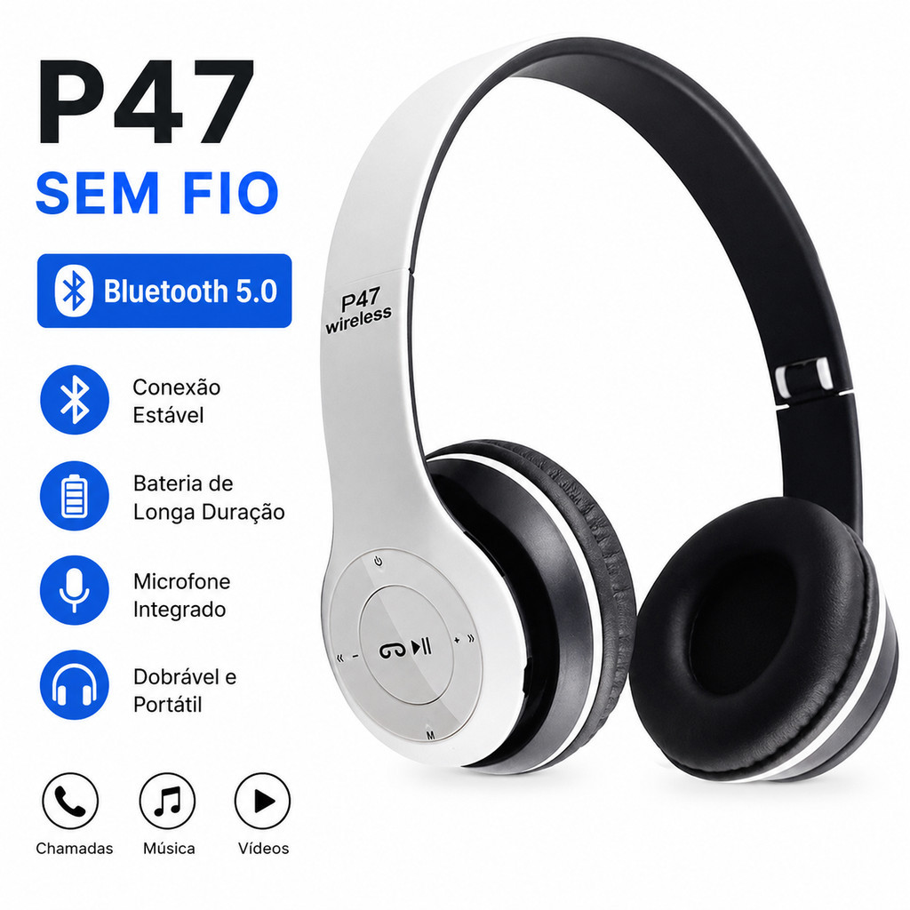 Headphone Bluetooth P47 Sem Fio com Microfone Estéreo Dobrável para Música Chamadas Android iPhone