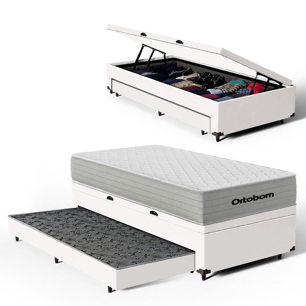 Cama Box Baú com Colchão de Molas Ensacadas Ortobom One Face Plenno Superpocket + Auxiliar de Espuma Solteiro 88cm