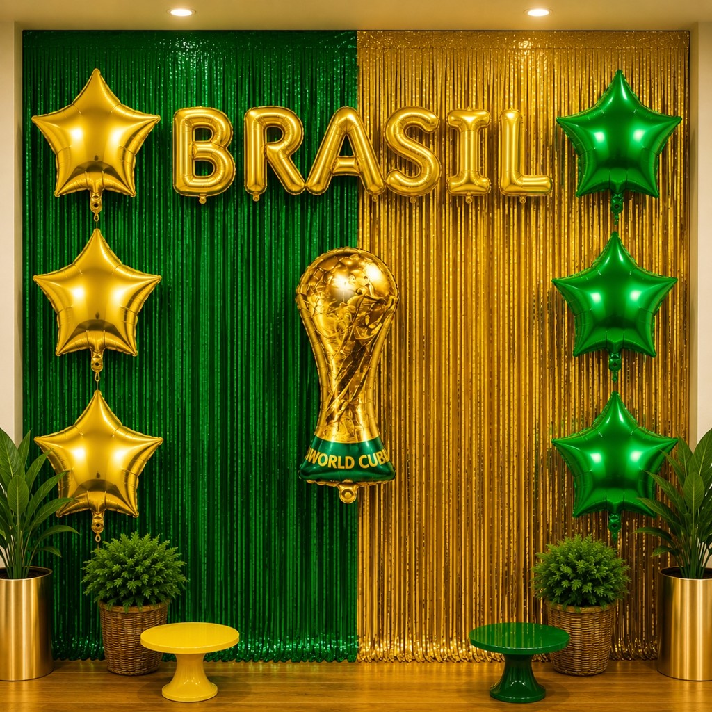 Kit Decoração Completa Brasil Copa do Mundo Futebol Cortinas Metalizadas Balões Letras  Estrelas Decoração Futebol