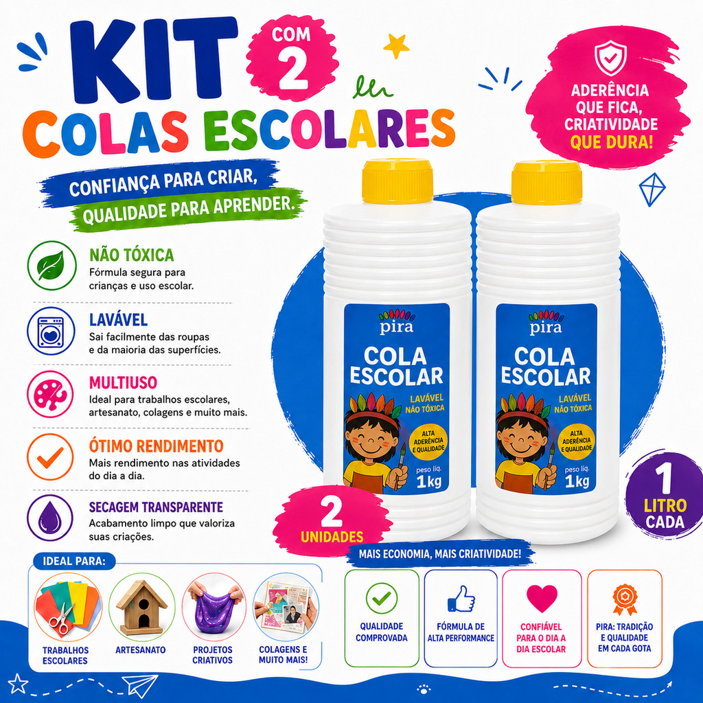 2 Colas Liquida Branca 1kg Escolar Lavável