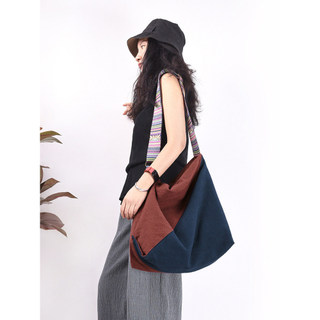 Chengxin Bolsa feminina de ombro larga, cor contrastante, estilo étnico, costura, algodão, linho, Casual, literária, gra
