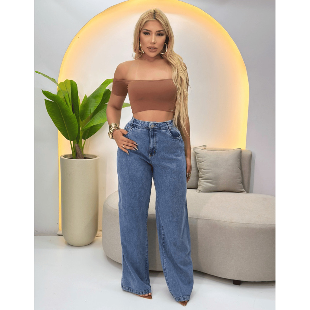 Calça Jeans Wide Leg Feminina Estilo Premium Roupass fitness
