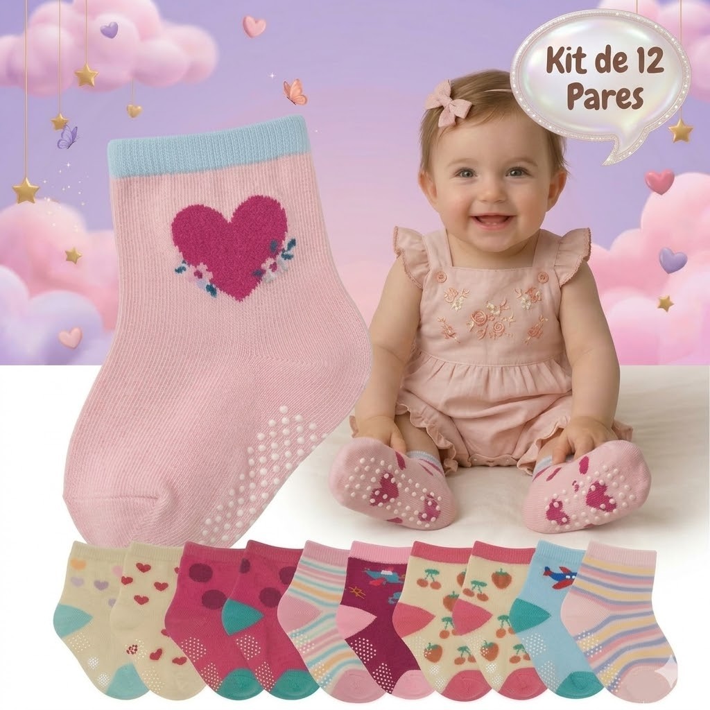 Kit 12 Pares Meia Recém Nascido Feminina Menina RN Antiderrapante Infantil Kit Meias Bebê