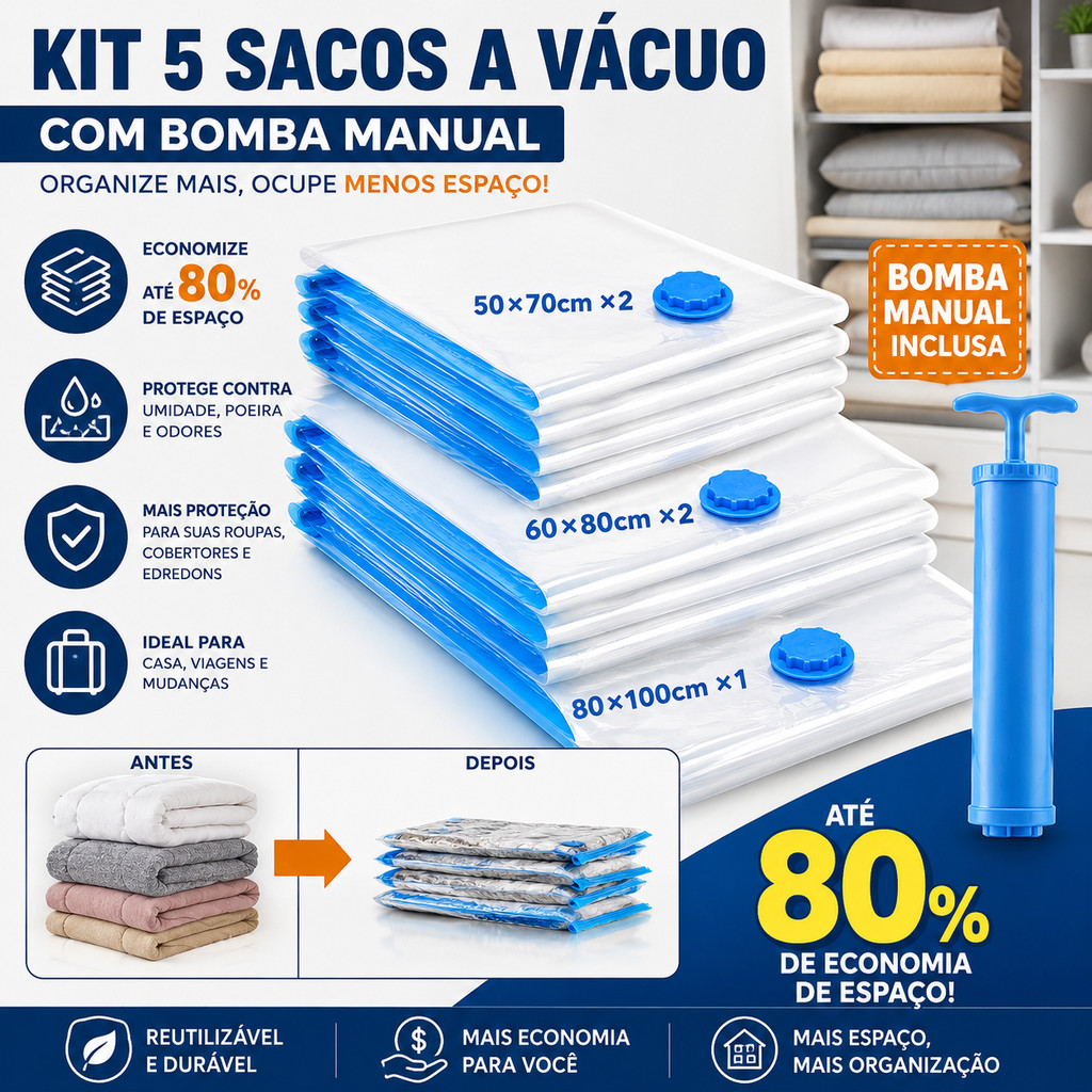 Kit 5 Sacos a Vácuo 50x70 60x80 80x100 com Bomba Manual Organizador