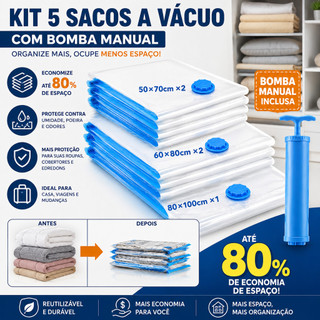 Kit 5 Sacos a Vácuo 50x70 60x80 80x100 com Bomba Manual Organizador
