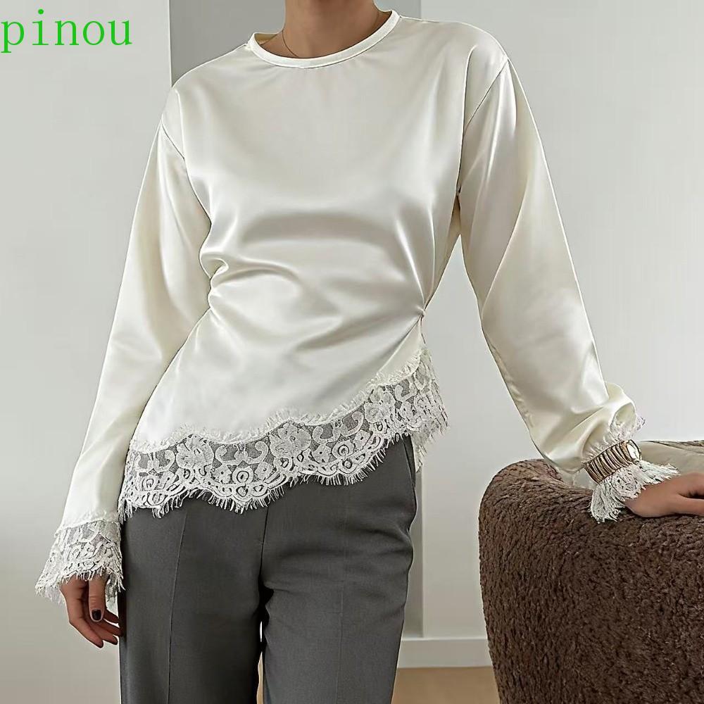 PINOU Camisa Longa De Retalhos De Renda , Bainha Inferior De Cetim , Blusa Feminina Com Cadarço Fina De Cor Sólida Cinto