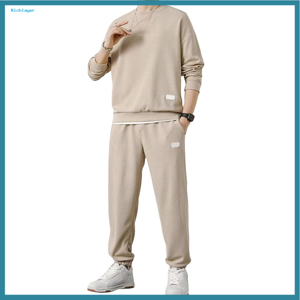 Men Sport Suit Simple Color Athletic 2pcs Women’s Set – Fake Two Pieces Long Sleeve Pullover Top  Elastic Waist Pant