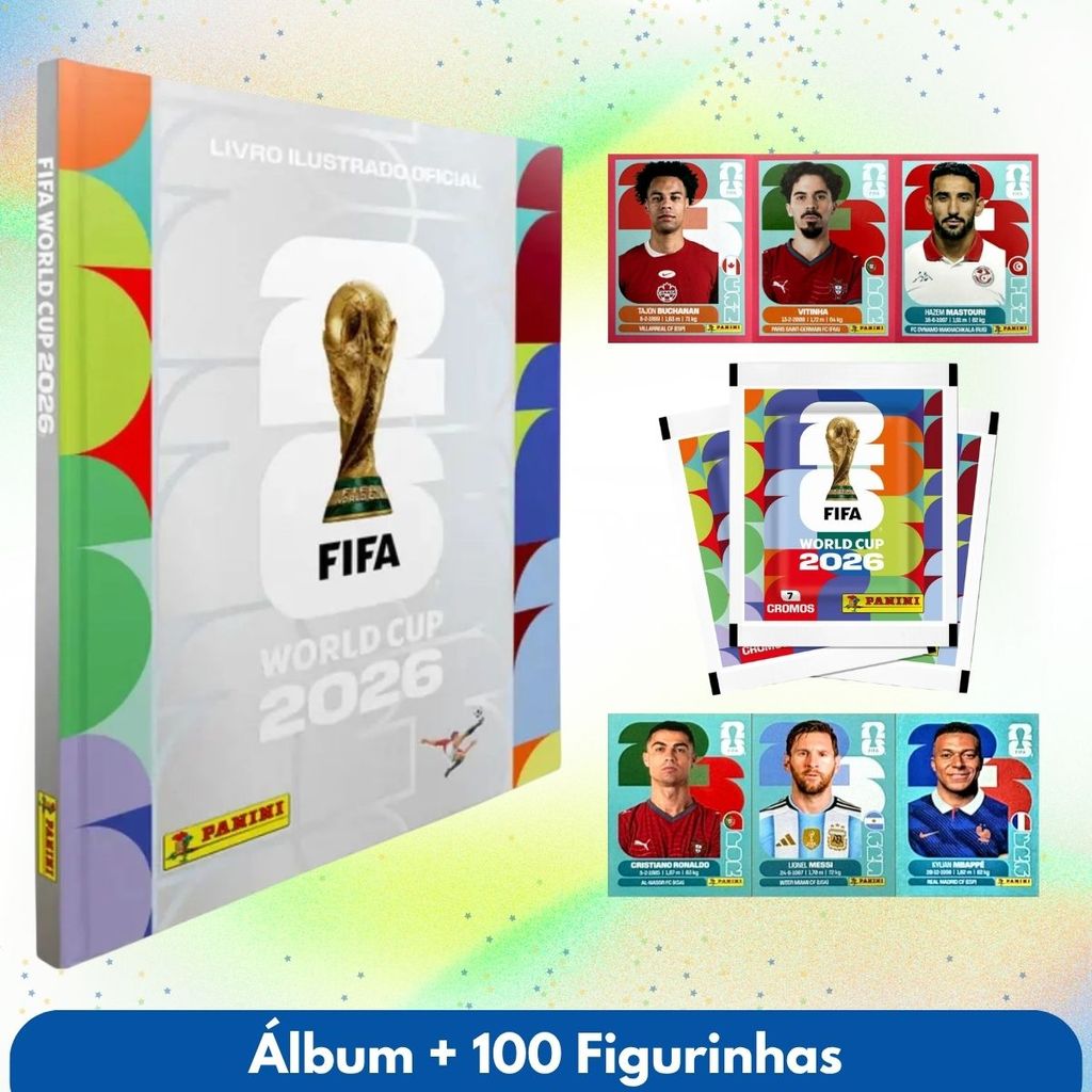 Álbum Copa do Mundo 2026 Prata Capa Dura e 100 Figurinhas Sem Repetição Jogo Oficial Fifa Jogador