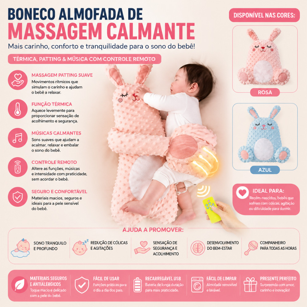 Boneco Almofada Calmante Bebê Com Música Massagem Térmica Controle Remoto Recarregável USB