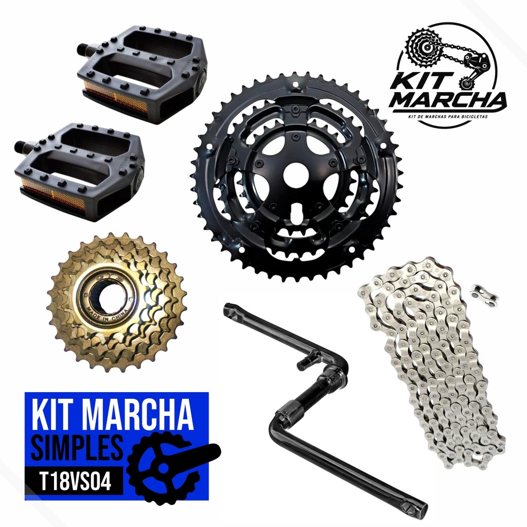 Kit Transmissão 18v - Catraca  6v + Corrente Marcha Fina + Engrenagem Tripla + Pedivela + Pedal Gts