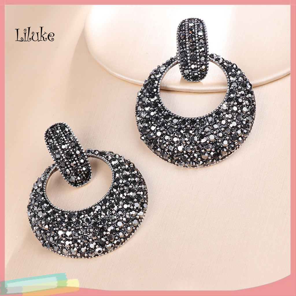 Pavé Rhinestone Earrings 1 Pair Hollow Round Drop with Claw-setting Rhinestones Face-slimming Studs Elegant Lightweight