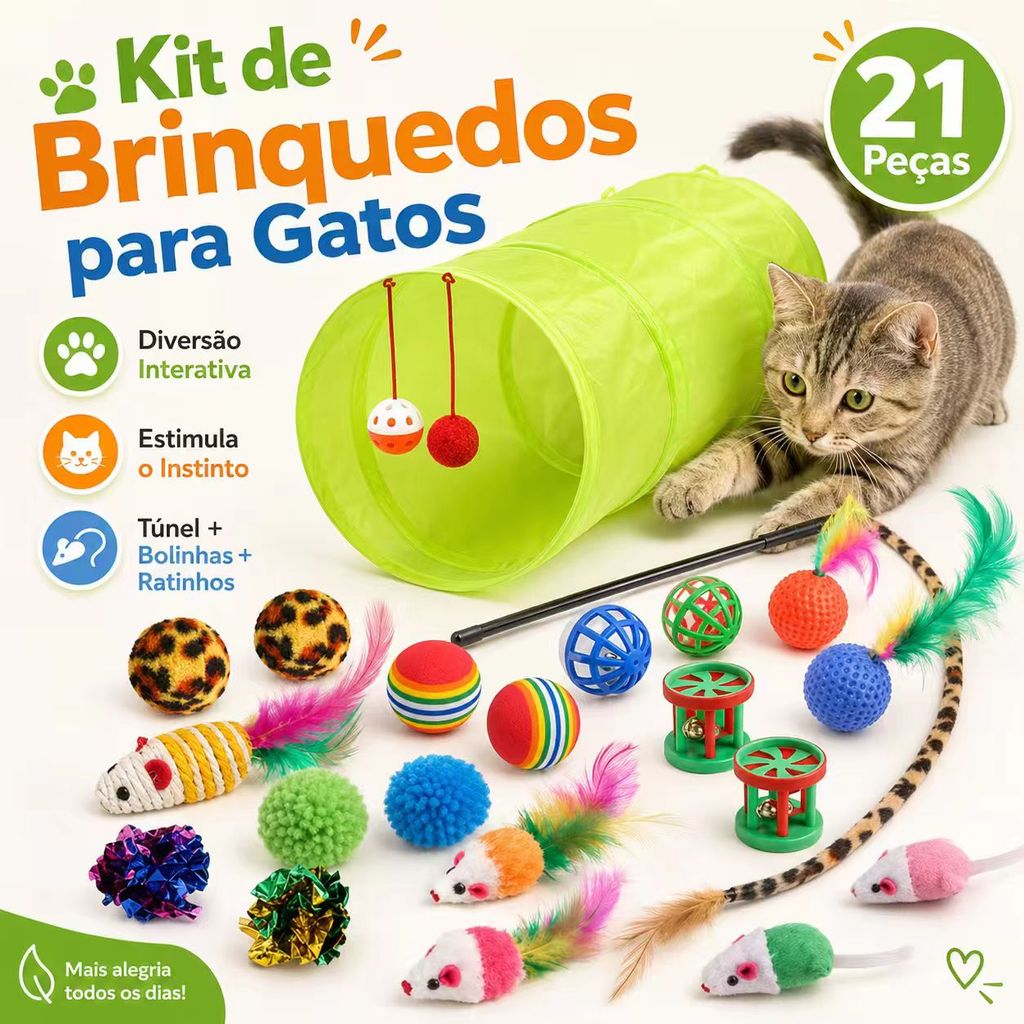 Kit 21 Peças de Brinquedos para Gatos – Divertidos e Sortidos – Acessórios Interativos para Pet