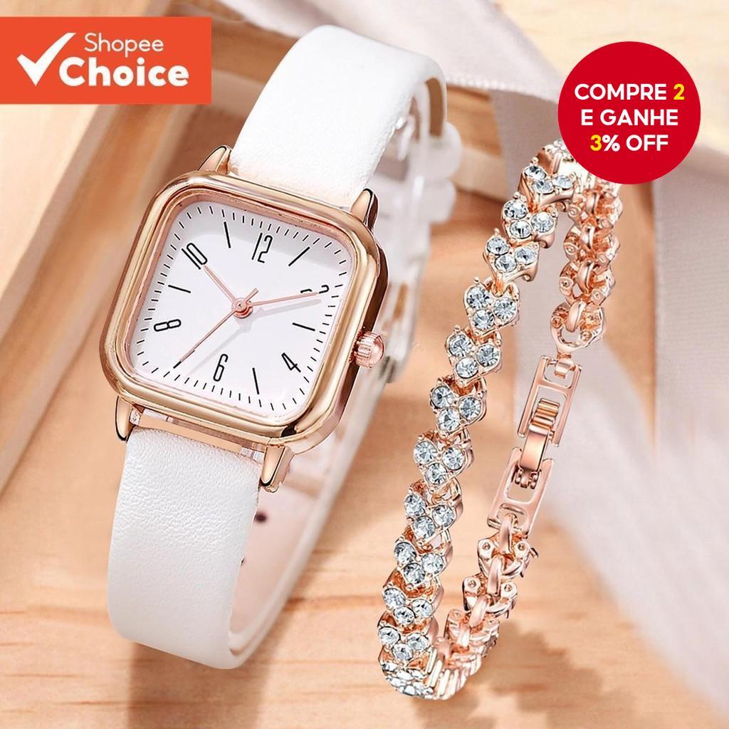 Relógio Feminino Quadrado Pulseira De Couro Com Imitação De Diamante Coração Conjunto Estilo Elegante