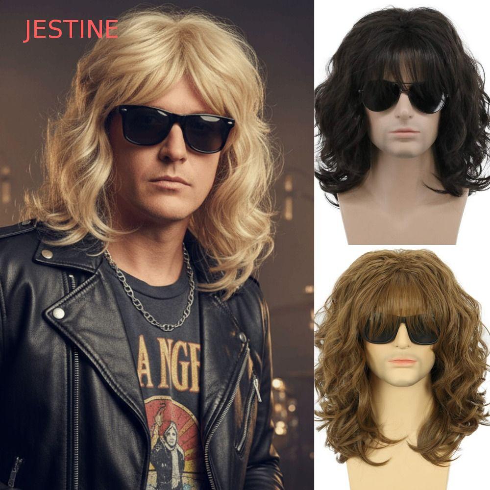 JESTINE Perucas Sintéticas Cosplay Para Homens , Onduladas Masculinas Hippie Encaracoladas , Cabelo Castanho Longo Natur