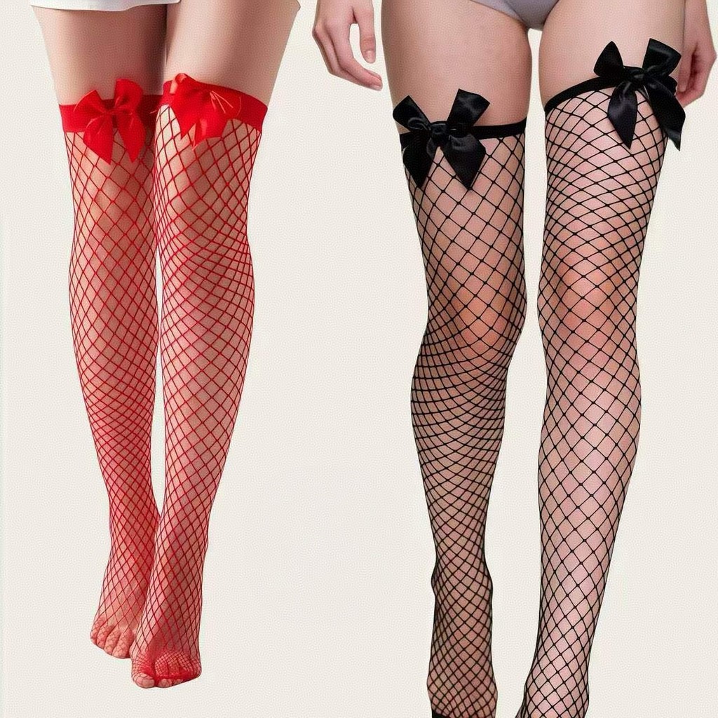 Meias Femininas Elegantes De Rede Arrastão Vermelha Acima Do Joelho Com Decoraçã...