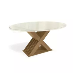 Mesa de Sala Jantar Graviola c/ Tampo Madeirado c/ Vidro 180x105cm Freijó/Off White - Kappesberg