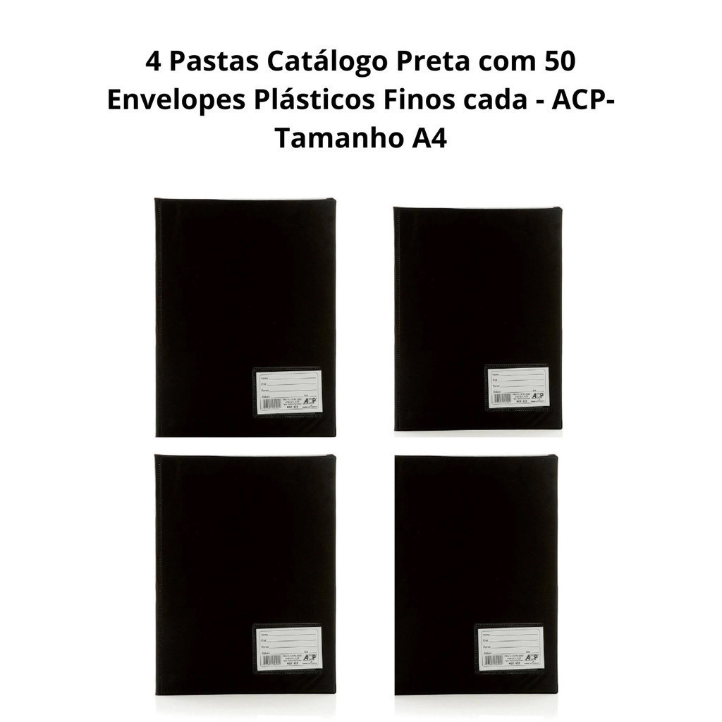 4 Pastas Catálogo Preta com 50 Envelopes Plásticos Finos cada Tamanho A4 - ACP