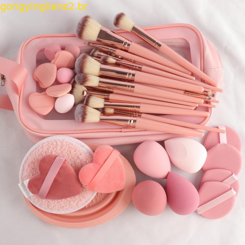 Conjunto de Pincéis de Maquiagem para Viagem Esponja de Beleza Puff de Pó 46 Peças Ferramentas de Beleza Faixa de Cabelo