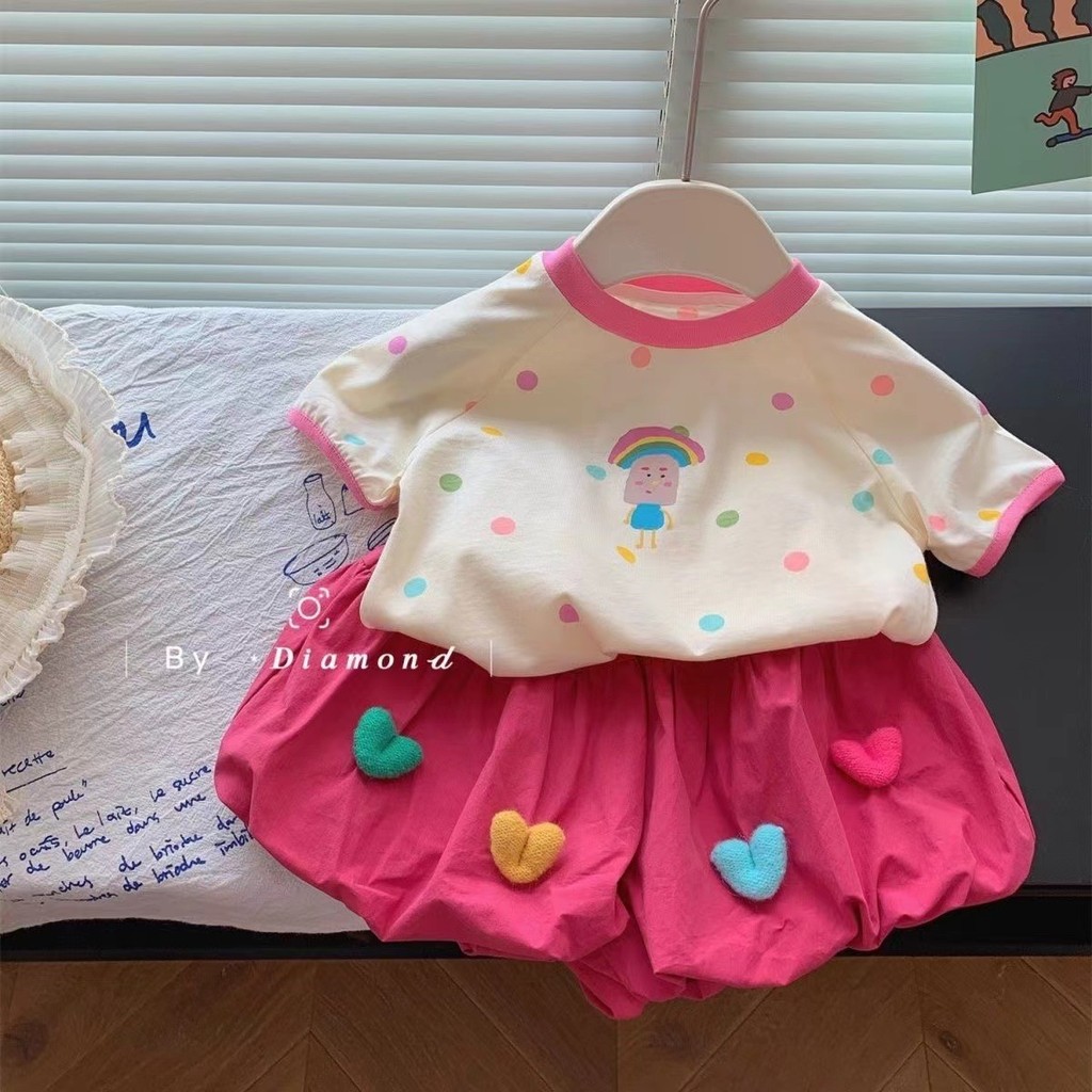 Meninas terno de verão 2025 novo estilo bebê menina moda bolinhas manga curta crianças moda coreano curto terno de duas
